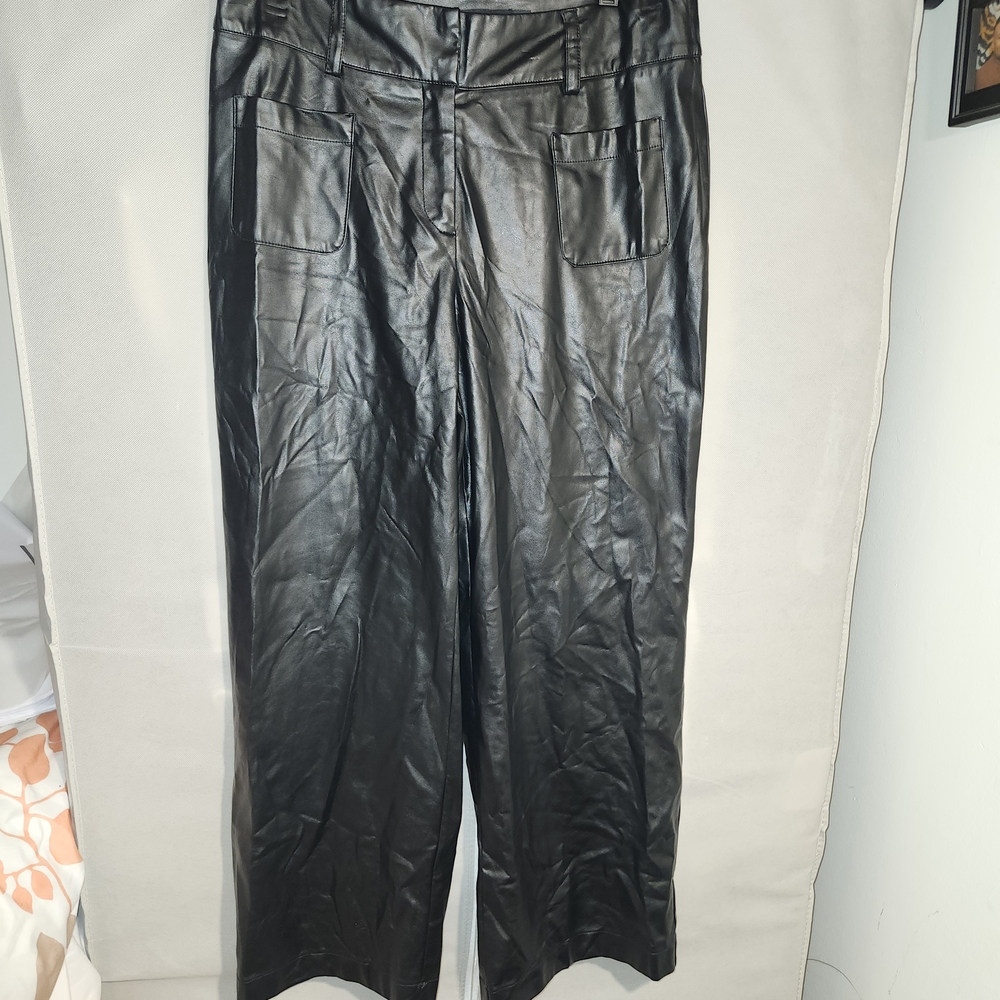 New York & Company Black Faux Leather Wide-Leg Trousers